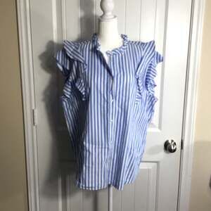 Free Assembly Women's Striped Ruffle Button Front Top Blue/White Size XXL